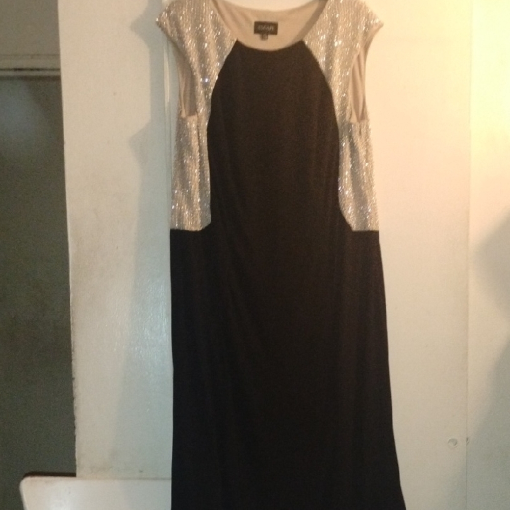 Xscape Black Midi Dress with Silver Sequin Accents